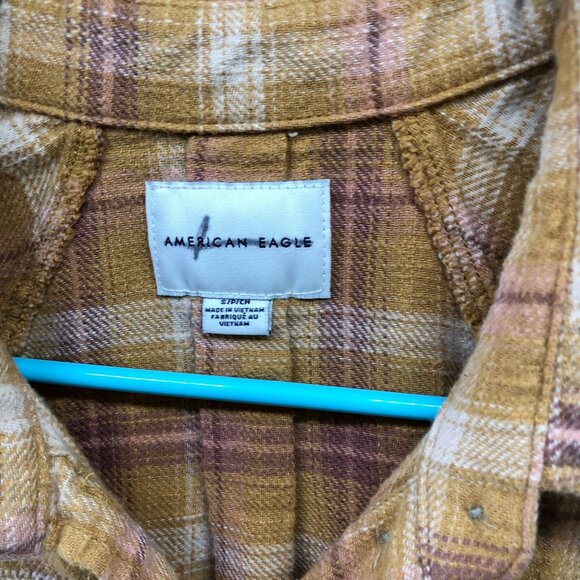 American Eagle Oversized Flannel Shirt Womens S Mustard Yellow Plaid Button Down - Picture 5 of 9